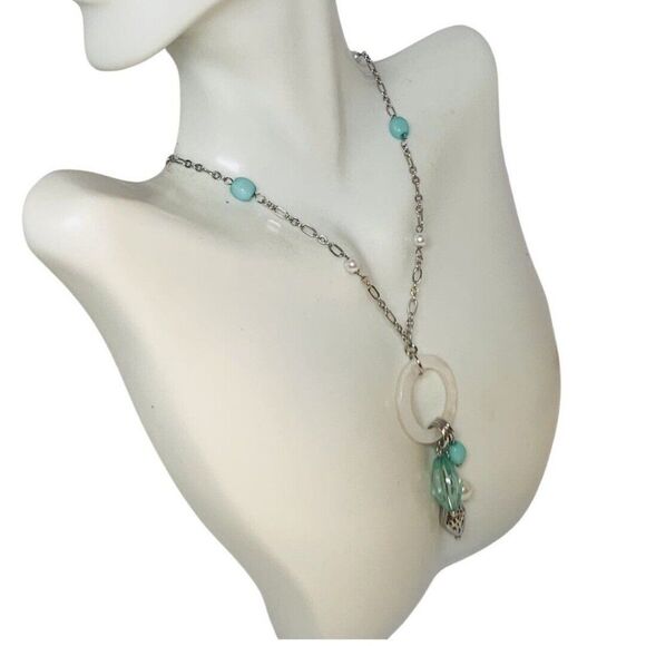 Lia Sophia Mother Of Pearl Mint Green Beaded Minimalist Silver Tone Necklace 30” - Picture 4 of 14